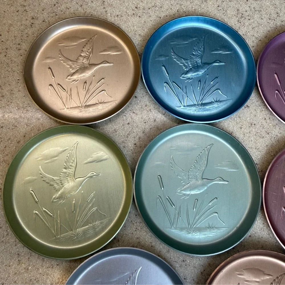 Vintage Anodized Aluminum Coasters Set of 8 Embossed Flying Duck Mallard Pastels